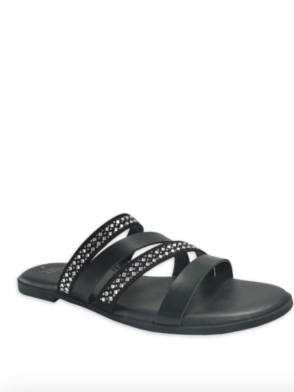 Time and Tru Women's Asymmetric Strappy Sandals Black Silver Slip-On Open Toe